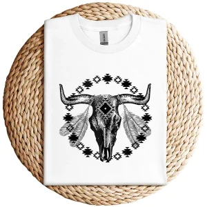 Vintage Cow Bull Skull T-Shirt – BOHO Southwestern Aztec Feather Design – Rustic Western Graphic Tee – Unique Cowgirl & Cowboy Shirt (Copy)