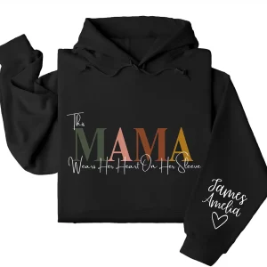 This Mama Wears Her Heart on Her Sleeve Hoodie – Custom Hoodie with Kids’ Names, Personalized Mother’s Day Gift for Mama