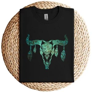 Boho Cow Skull T-Shirt – Fun Country & Western Look Tee – Vintage Rodeo Cowgirl Cowboy Graphic Shirt for Women and Men