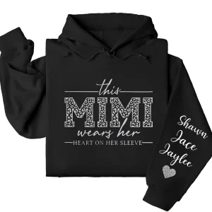 This Mimi Wears Her Heart on Her Sleeve Hoodie – Leopard Print Mimi Shirt with Grandkids’ Names, Valentine’s or Mother’s Day Gift