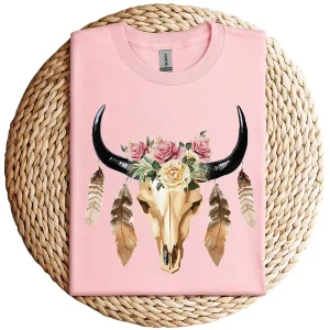 Cow Skull with Feathers and Pink Roses T-Shirt – Boho Western Floral Graphic Tee – Country Cowgirl Shirt for Women