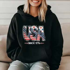 Independence Day USA Flag Patriotic Hoodie – USA Since 1776 4th of July, Memorial Day Clothing, Trendy Patriotic Gift Hoodie