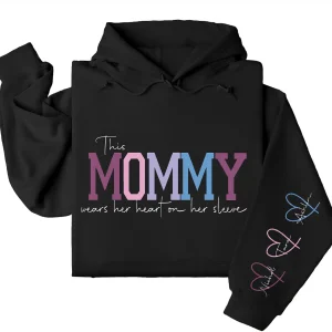 This Mama Wears Her Heart on Her Sleeve Hoodie – Custom Hoodie with Kids’ Names, Personalized Mother’s Day Gift for Mama