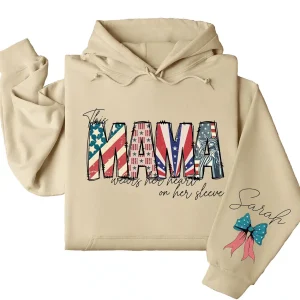 Custom American Mama Hoodie – This Mom Wears Her Heart on Her Sleeve with Kids' Names, 4th of July USA Mom Gift