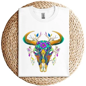 Art of the Cow Skull T-Shirt – Western Boho Bull Skull Graphic Tee – Southwestern Vintage Rodeo Shirt – Country Cowgirl Aesthetic Top