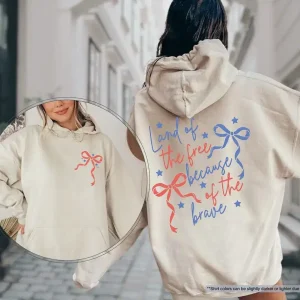 Land Of The Free Because Of The Brave Hoodie – Coquette 4th of July with American Bow, Patriotic Women's Crewneck, USA Mom Gift