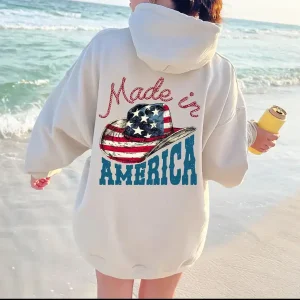 Made in America Hoodie – 4th of July USA Flag, Patriotic Cowgirl Independence Day Hoodie, America Love Gift