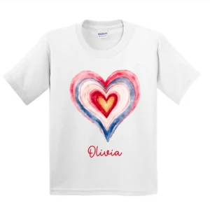 Girls 4th of July Shirt – Personalized Watercolor Heart Name Tee – Custom Independence Day Graphic Tee for Kids