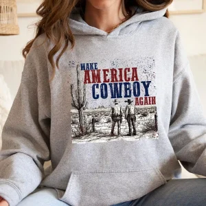 Make America Cowboy Again Hoodie – Western 4th of July, Patriotic USA Pullover, Country Rodeo Hoodie for Independence Day