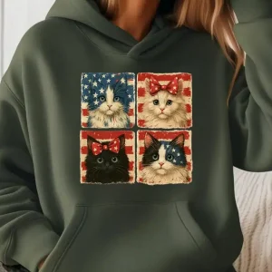 Patriotic Cats 4th of July Hoodie – Cute USA-Themed , Funny Independence Day America Hoodie for Cat Lovers
