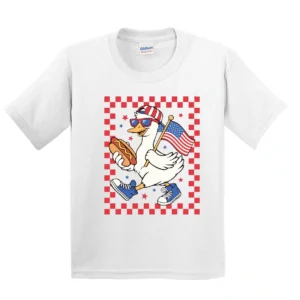 Fourth of July T-Shirt – Retro Goose with Hotdog USA Tee – Boys Patriotic Toddler Shirt – Independence Day Kids T-Shirt – Funny 4th Outfit