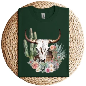 Western Boho Chic Longhorn Bull Skull T-Shirt – Beige Cactus Pattern Graphic Tee – Southwestern Vintage Style – Rodeo Cowgirl Shirt