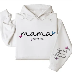 Custom Mama Hoodie with Kids' Names on Sleeve – Personalized New Mom Gift, Trendy Aesthetic Mother's Day Hoodie