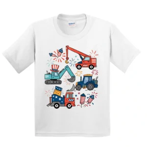 Patriotic Construction Trucks 4th of July T-Shirt – American Toddler Boy Tee – Kids Truck Shirt – Independence Day USA Boys Graphic Tee