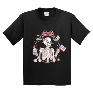 Retro Skeleton 4th of July Youth T-Shirt – Patriotic USA Flag Tee – Independence Day Shirt for Kids – American Holiday Top