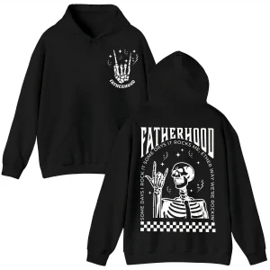 Fatherhood Skeleton Rock Hoodie, Funny Dad Hoody Sweatshirt Gift, Cool Skull Hoodie For Father’s Day, Rocker Long Sleeve For New Dads