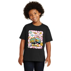 Custom Name Back to School Shirt – Personalized First Day of School Tee – Cute Girl School Shirt with Bus & Pencil – Checkered Back to School Shirt