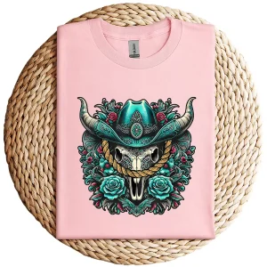 Turquoise Cow Skull T-Shirt – Western Bull Skull Graphic Tee – Rodeo Queen Country Shirt – Southwestern Boho Style – Vintage Cowgirl Top