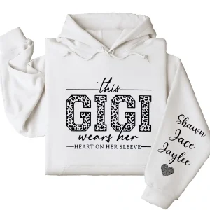 This Gigi Wears Her Heart On Her Sleeve Hoodie  – Personalized Leopard Gigi Shirt, Cute Gift for Gigi on Mother's Day or Holiday