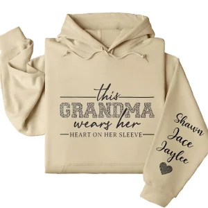 This Grandma Wears Her Heart On Her Sleeve Hoodie – Personalized Leopard Print Grandma Shirt, Cute Birthday's or Mother’s Day Gift