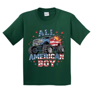 All American Boy T-Shirt – Monster Truck 4th of July Toddler Tee, American Dude Bruh Pickup Truck Kids Shirt, Patriotic Summer Outfit