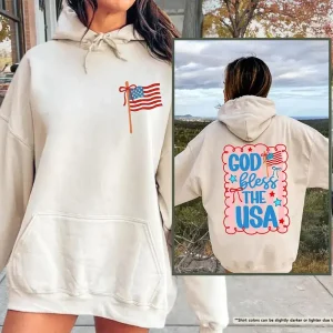 God Bless The USA Hoodie – Christian Patriotic 4th of July Hoody Sweatshirt for Women, Independence Day USA Flag Pullover