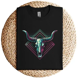 Vaporwave Longhorn Cow Skull T-Shirt – 80s 90s Retro Style Graphic Tee – Vintage Cattle Skull Art – Neon Aesthetic Vaporwave Shirt