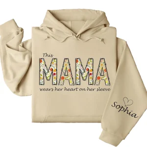 This Mama Wears Her Heart on Her Sleeve Hoodie – Floral Hoodie for Mom with Kids’ Names, Cute Personalized Gift Idea