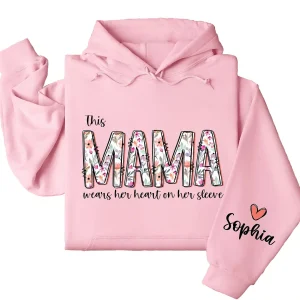This Mama Wears Her Heart On Her Sleeve Hoodie – Personalized Mom Hoodie with Kids’ Names, Mother's Day Gift