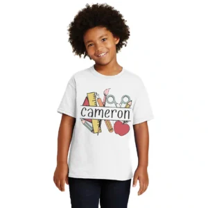 Personalized Back to School Shirt for Kids – Custom Name Monogram Raglan Tee – Cute School Supplies Collage Design