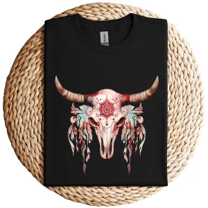 Boho Cow Skull & Feathers T-Shirt – Floral Bull Skull Graphic Tee – Southwestern Bohemian Style – Vintage Rodeo Cowgirl Shirt
