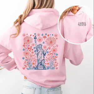 American Girly 4th of July Hoodie – Patriotic Statue of Liberty Hoody Sweatshirt, Flag of America Graphic, Independence Day Pullover