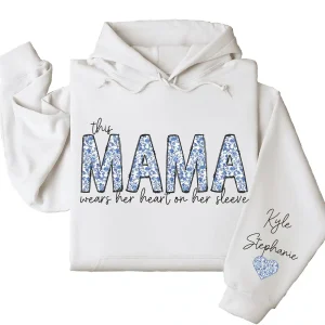 This Mama Wears Her Heart on Her Sleeve Hoodie – Custom Hoodie with Kids’ Names, Personalized Mother’s Day Gift for Mama