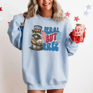Feral & Free Raccoon Sweatshirt – USA Flag Hoodie, 4th of July Shirt, Big USA Tee, Patriotic Raccoon Gift, American Pride Sweatshirt