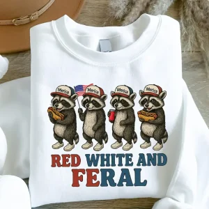 Preppy Red White and Feral Raccoon 4th of July Sweatshirt – Funny Patriotic Animal Sweater, Cute Raccoon Independence Day Outfit for America