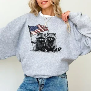 4th of July Raccoons Sweatshirt – Funny American Hoodie, Patriotic USA Shirt, Memorial Day Outfit, Cute Independence Day Sweater for Party