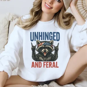 Funny 4th of July Raccoon Sweatshirt – Unhinged and Feral Animal Graphic Top for Women, Cute Wild America Party Pullover
