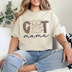 Funny Cat Mama T-Shirt – Retro Leopard Cat Mom Graphic Tee for Pet Lovers, Mother’s Day Gift for Cat Owners, Cute Animal Mom Shirt