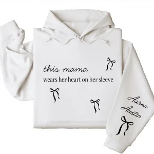 This Mama Wears Her Heart on Her Sleeve Hoodie – Custom Hoodie with Kids’ Names, Personalized Mother’s Day Gift for Mama