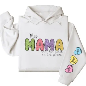 This Mama Wears Her Heart on Her Sleeve Hoodie – Custom Hoodie with Kids’ Names, Personalized Mother’s Day Gift for Mama