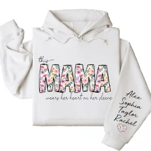 This Mama Wears Her Heart on Her Sleeve Hoodie – Custom Hoodie with Kids’ Names, Personalized Mother’s Day Gift for Mama