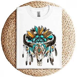 Western Boho Sunflowers Turquoise Cow Bull Skull T-Shirt – Country Cowgirl Graphic Tee – Vintage Rodeo Western Shirt for Women