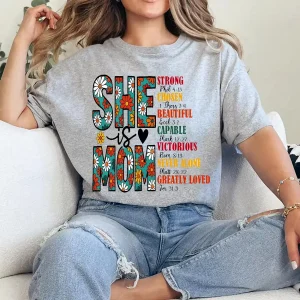 She Is Mom T-Shirt – Retro Christian Mom Shirt with Bible Verse, Blessed Mama Graphic Tee, Faith-Based Mother's Day Gift for Women