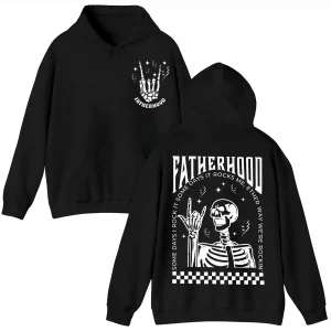 Fatherhood Skeleton Rock Hoodie, Funny Dad Hoody Sweatshirt Gift, Cool Skull Hoodie For Father’s Day, Rocker Long Sleeve For New Dads