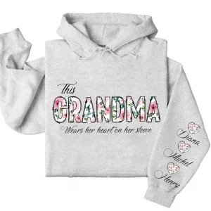 This Grandma Wears Her Heart on Her Sleeve Hoodie – Custom Hoodie with Kids’ Names, Personalized Mother’s Day Gift for Grandma
