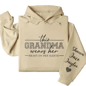 This Grandma Wears Her Heart On Her Sleeve Hoodie – Personalized Leopard Print Grandma Shirt, Cute Birthday's or Mother’s Day Gift
