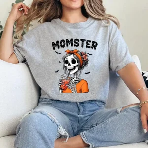 Momster Skeleton Woman Coffee Funny Halloween Mom Mama T-Shirt - Unisex, Gift for Halloween Day,  Gift for Mama
