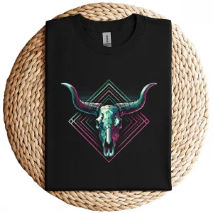 Vaporwave Longhorn Cow Skull T-Shirt – 80s 90s Retro Style Graphic Tee – Vintage Cattle Skull Art – Neon Aesthetic Vaporwave Shirt