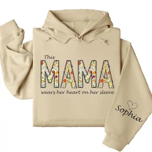 This Mama Wears Her Heart on Her Sleeve Hoodie – Floral Hoodie for Mom with Kids’ Names, Cute Personalized Gift Idea