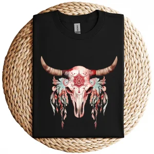 Boho Cow Skull & Feathers T-Shirt – Floral Bull Skull Graphic Tee – Southwestern Bohemian Style – Vintage Rodeo Cowgirl Shirt